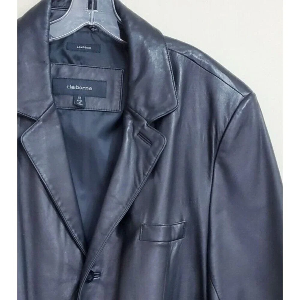 Claiborne Longer Coat Men 1X Black Lambskin Leather Jacket 3 Button Lined Blazer